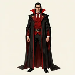 a classical vampire, male, late - 4 0 s aged, long, slicked black hair, clean shaven, in red and black, regal, high fantasy, full color sketch, realistic, full body shot, concept art.