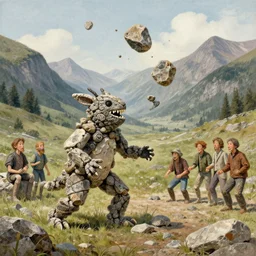 creature made of rocks throwing rocks alpine valley. tooth wu, edward gorey, greg rutkowski, andreas achenbach, artgerm, mikko lagerstedt, zack snyder, tokujin yoshioka