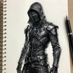 digital pen lineart sketch of male assassin wearing cyberpunk goth clothing by gnomon, by ilya kuvshinov, trending on pixiv fanbox