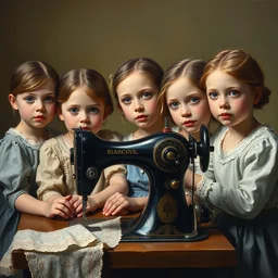 five little girls sitting at a sewing machine, oil paint, muted olive background, highly detailed, close up face, in jan vermeer style