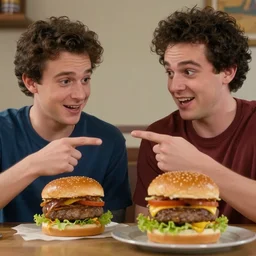 vinesauce joel pointing at vinesauce vinny saying bogan burger, meme, realistic, hdr, clear image, - n 9
