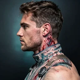 a portrait of a man with side profile blood in ocean intricate details :: tattoo on neck :: wearing a hazmat suit by MARVEL comics and Sandra Chevrier