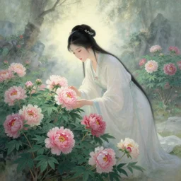 ancient fantasy garden, beautiful woman caring for peonies, fantasy world, ethereal back light, mist, coherent composition, detailed fantasy painting, noriyoshi ohrai, yuumei