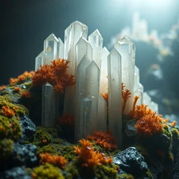 close - up shot on beautiful columnar crystal molybdenite in the misty cave, which were covered with colorful moss and fungi. stage light, light effect. super clear details, ultra clear material. octane render. cinematic lighting, intricate details.