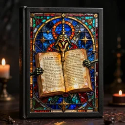 evil occult grimoire with a cover made of ( ( ( stained glass ) ), 4 k ultra realistic detailed 8 k artstation trending dramatic lighting contrasting light and dark style by h. p. lovecraft