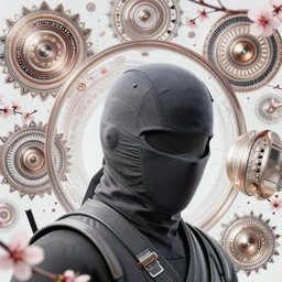 a headshot of a ninja offset in the frame, surrounded by fractals, mandalas, cherry blossoms, hadron collider technology, metal gears, swirling bioluminescent energy, art by peter mohrbacher and dan mumford, 8 k octane render, hyperrealistic, zbrush, cinema 4 d