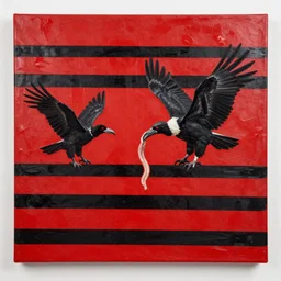 canvas coated with red paint, black stripes, bird flying out of water, vulture, carrying intestines in beak, blotches of paint, matte paint, alberto seveso