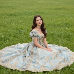 portrait photo of an extremely beautiful woman in ornate gown sitting in an endless meadow. extremely detailed. dslr. 8 5 mm.