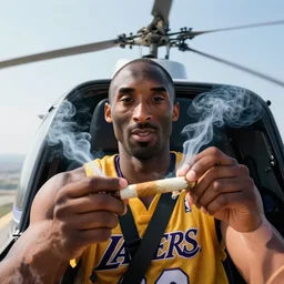 selfie of kobe bryant holding a smokie joint in a helicopter, smoke around him, 8k resolution, hyper detailed, shot in the air