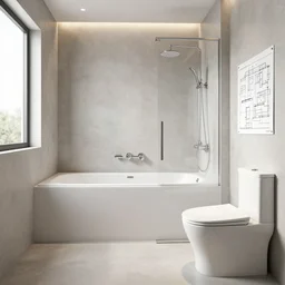 architect plan of a modern bathroom with bathtub open shower faucet and toilet