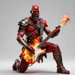 red face paint armored screaming kratos rocking out on a flaming stratocaster guitar, cinematic render, god of war 2 0 1 8, playstation studios official media, lightning, flames, left eye red stripe, red left eye stripe, left eye red stripe, red left eye stripe, clear, coherent, guitar