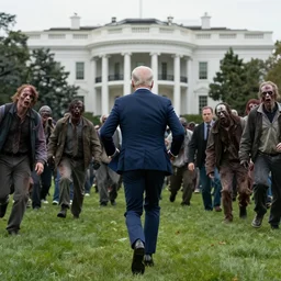 movie still of joe biden running away from a hoard of infected zombies on the white house lawn in the movie 2 8 days later, detailed, real, cinematic, 8 k, featured on artstation, detailed faces