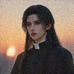 a young priest with long black hair, fair skin like porcelain, dark melancholic eyes, stunning beautiful. digital art. very detailed. fantasy. sunset.