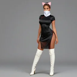 picture of woman with light brown skin & skintight black qipao & long white tight boots & mouth covering scarf & pink cat ears headband, highly detailed, smooth, sharp focus, digital illustration, by rossdraws