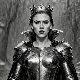 black and white, scarlett johansson as a vampire, wearing rain soaked armour in the pouring rain, wear a crown, frank frazetta manga style, hyper realism, pencil and ink, full body walking towards camera pose, huge gothic castle in the background, at night with dramatic moonlight, cinematic effects vfx, dynamic angle