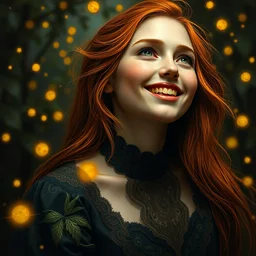 infp young woman, smiling amazed, golden fireflies lights, full covering intricate detailed dress, amidst nature, long red hair, precise linework, accurate green eyes, small nose with freckles, oval shape face, realistic, expressive emotions, dramatic lights, hyper realistic ultrafine art by caravaggio, artemisia gentileschi, jessica rossier, boris vallejo