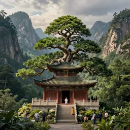 A beautiful hyper realistic detailed matte painting of a bonsai tree shaped temple nestled in forest mountains by John Howe and Albert Bierstadt and Alena Aenami and dan mumford and dave noton, unreal engine, trending on behance