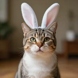 a cinematic cat with rabbit ears, front view, ultra realistic, canon, 3 5 mm, bokeh, coherent