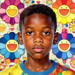 colourful upper half portrait of an african boy, art by takashi murakami, highly detailed, digital painting, ray tracing, concept art, illustration, smooth sharp focus, intricate, symmetry, artstation,