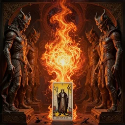 scorn themed, highly intricate matte painting centered painting of an infernal fire vortex, guarded by parallel demon sentinel statues, complex, tarot card, powerful, cinematic, beautifully lit, by john howe, zdizslaw beksinski, felix englund, karol bak, james jean, trending on cgsociety, octane render, 8 k
