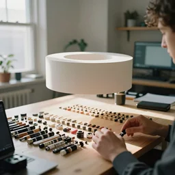 pov candid photo of my hands at my desk, rows upon rows of perfectly organized knolled objects during sunrise in a cozy open - air design studio by james turrell, scale model floating in midair in front of me, brilliant daylight vr os ux, leica 8 k still from an a 2 4 film