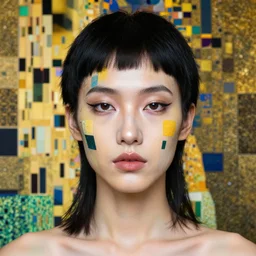 gender ambiguous person with abstract hilda at klimt makeup in face mullet symmetrical facial features, mc escher tessellation background hyper realistic 4 k, rule of thirds, extreme detail hd by alphonse mucha, greg rutkowski raqib shaw gottfried helnwein