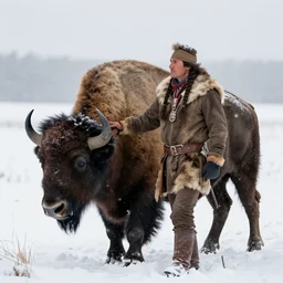 a cheyenne tribal man wearing a bison fur coat, hunting bison, in a south dakato snow storm