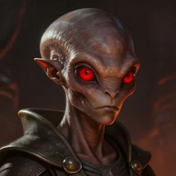 concept art of an star wars alien by greg rutkowski, round face, noseless, dark greekn skin, red round eyes, nervious attitude, detailed portrait, very very beautiful art, artstation hq.