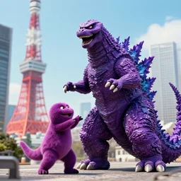 barney the purple dinosaur fights godzilla for control of tokyo, file footage