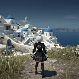 Screenshot from Nier Automata, beautiful landscape in Santorini