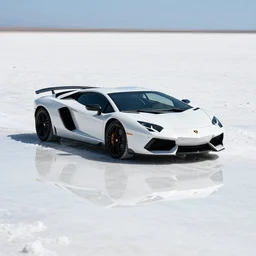photo of a lamborghini in the white salt plains of bolivia, water, reflections, sunny day