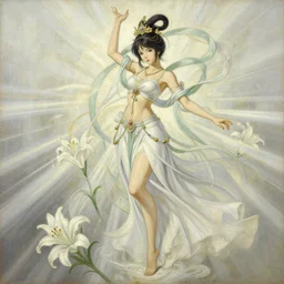 oil painting by makoto shinkai and john singer sargent, full body, honor of kings, chinese fairy goddess, hyper detailed, character concept, dynamic pose, intricate, lineart, cerpuscular rays, lily flowers. 8 k