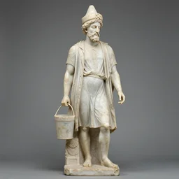 a statue of a man with a bucket and a hat by taravat jalali farahani, pixabay, qajar art, marble sculpture, academic art, creative commons attribution