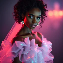 annie leibovitz style photoshoot editorial of gugu mbatha - raw as sue storm, the invisible woman from the fantastic four, she is wearing a beautiful iridescent shimmering, glowing jellyfish like wedding dress made from her force field powers, hyperreal, magical, translucent, iridescent, studio lighting, soft focus, bokeh, sony fe 8 5 mm f / 1. 4 lens