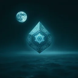 bad omens, beyond the horizon, just one gaint very lonely floating magnificent tetrahedron spacecraft, on which mystical symbols glowing!! symmetry!! moon night, light effect. medium long shot. grey blue. octane render, ultra clear detailed!! digital art by stanley artgerm lau, greg rutkowski, thomas kindkade, alphonse mucha