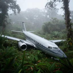 beechcraft type 1 8 crash landed in a misty foggy jungle,