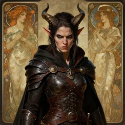 far portrait of a surly and resentful female tiefling thief with small horns clothed in leather armor and a cloak, angry expression, by Greg Rutkowski and John Collier and Krenz Cushart and Artem Demura and Alphonse Mucha and Albert Aublet, as seen on ArtStation, 4k, dungeons and dragons, very aesthetic, very detailed, intricate, unreal, fantasy, dramatic, painterly, artstation, sharp focus, smooth