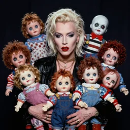 a colorful portrait photograph of marilyn manson with many creepy cursed dolls, in 1 9 9 0 s, studio light photography, high definition, 8 k, taken by steven meisel