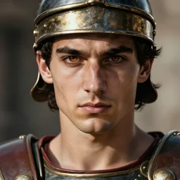roman general, handsome young man with black hair, ancient soldier, close - up portrait of roman centurion without helmet, character portrait, masterfully shaded, deep focus, amber eyes, insane color, artstation, perfect dramatic lighting, 8 k, game cover art, sharp focus, anatomically correct, historical reconstruction!!, by artgerm and greg rutkowski