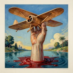 A colorful, detailed print - A painting of a human hand rising from a pool of blood and holding a a wooden airplane. by Arnold Bocklin and Barclay Shaw, masterful print. 4k, unreal engine stunning Art Nouveau