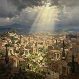 highly detailed painting of an idyllic ancient roman city landscape, dramatic, sense of scale, stephen bliss, unreal engine, greg rutkowski, ilya kuvshinov, ross draws, hyung tae and frank frazetta, tom bagshaw, tom whalen, nicoletta ceccoli, mark ryden, earl norem, global illumination, god rays, beautiful