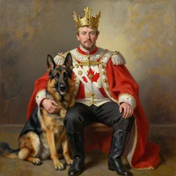an oil painting of a 6 4 years old man as the king of canada, and a german shepherd sitting on his legs