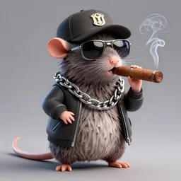 anthropomorphic gangster rat smoking a huge cigar, wearing a chain, wearing sunglasses and a cap, long fur,  anthropomorphic rat, detailed, blender, 3d render, 4k, trending on artstation