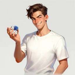 concept art of a man in his twenties with a sly smile holding dice