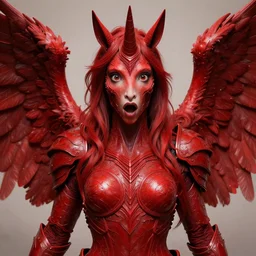woman - unicorn hybrid red angel - wings, stunning, thick armor that covers everything, shocked very wide open eyes very open eyes, realistic, symmetric portrait, face, intricate, very detailed, fantasy digital art, trending in artstation, marc simonetti