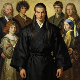 full character of a handsome strong long hair monk in black clothes, character design, painting by gaston bussiere, katsuya terada, nc wyeth, greg rutkowski, craig mullins, vermeer, frank frazetta, mucha, tom of finland, trending on artstation, jeffery catherine jones