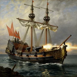 an oil painting of an xviii century ship firing its cannons, highly detailed, 4 k, painted by thomas cole