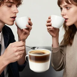 incredible absurd surreal closeup photoshoot advertisement for coffee, people enjoying coffee in the style of tim walker and by michael bay action movie, people pouring coffee on top of each other, celebration of coffee and caffeine, vsco film grain