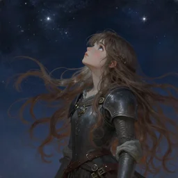 by uemura shoen medieval, biopunk relaxed, exciting. painting. a beautiful illustration of a young girl with long flowing hair, looking up at the stars. she appears to be dreaming or lost in thought.