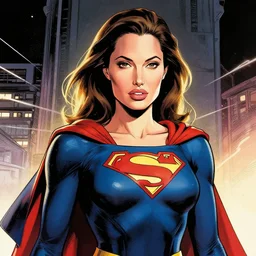 portrait of angelina jolie as superwoman in a comics art style.
